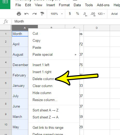how to delete a column in google sheets