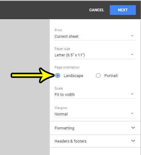 how to print landscape in google sheets