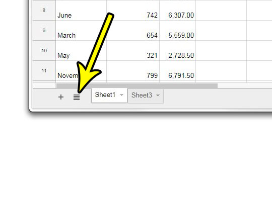 open the all sheets menu in google sheets