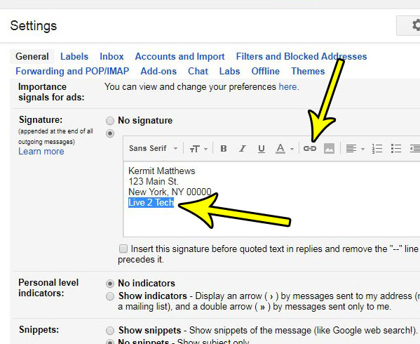 how to add link to signature in gmail