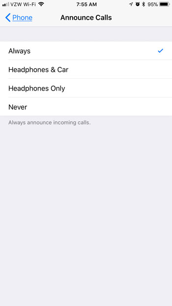 how to announce incoming calls on an iPhone 7