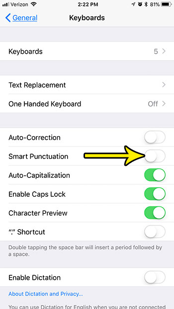 how to disable smart punctuation on an iphone 7