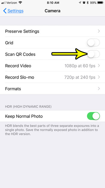 how to turn on or turn off the qr code scanner on the iphone