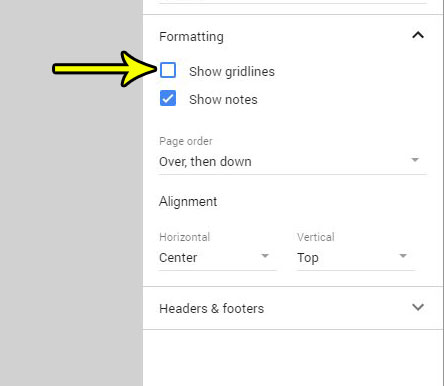gridline setting on google sheets print menu