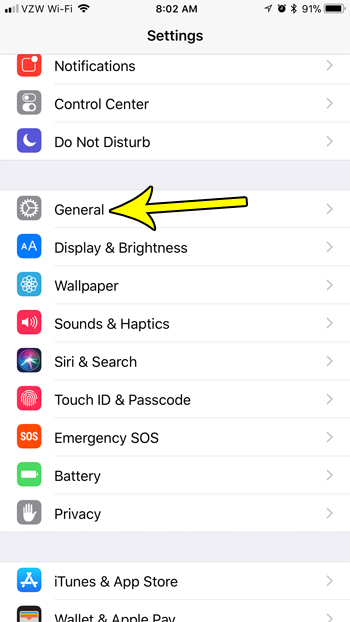 open iphone general menu