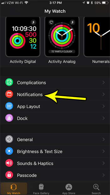 open the apple watch notifications menu