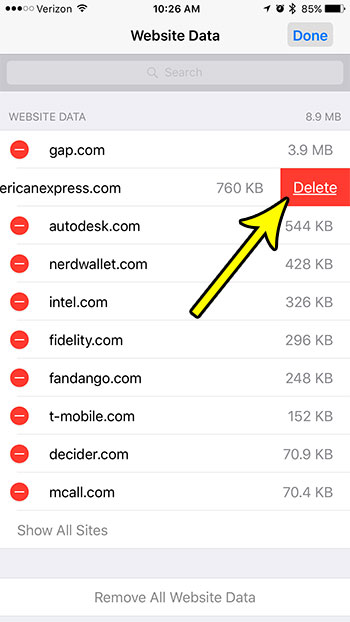 how to delete data for specific website iphone