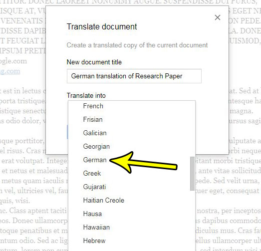 select the translation language google docs