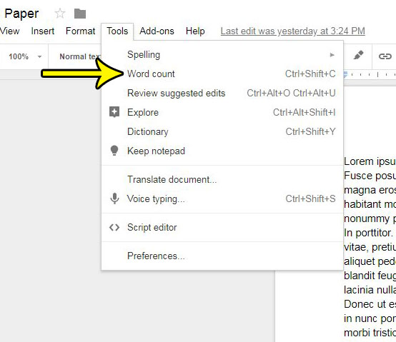 how to count the number of words in google docs