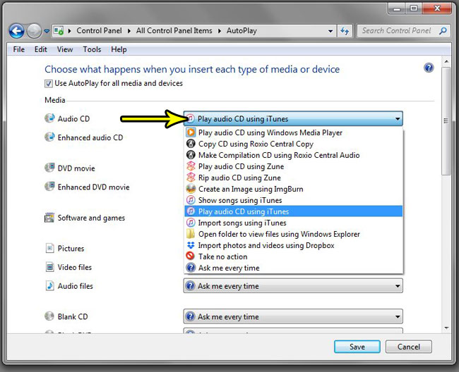 windows 7 audio cd autoplay setting