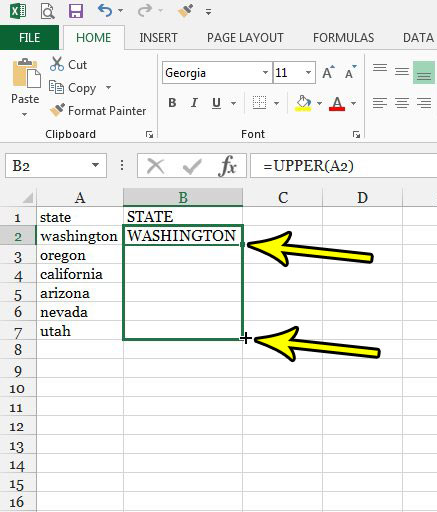 copy uppercase formula to other cells in excel 2013