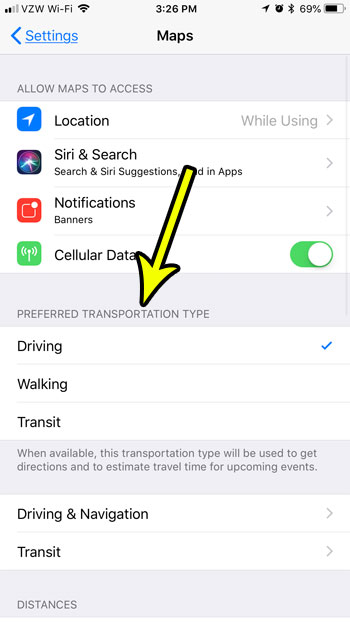 how to set the default transportation type maps iphone