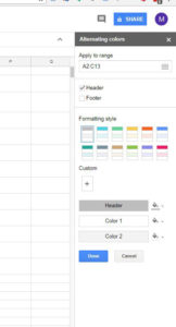 how to apply alternating colors in google sheets