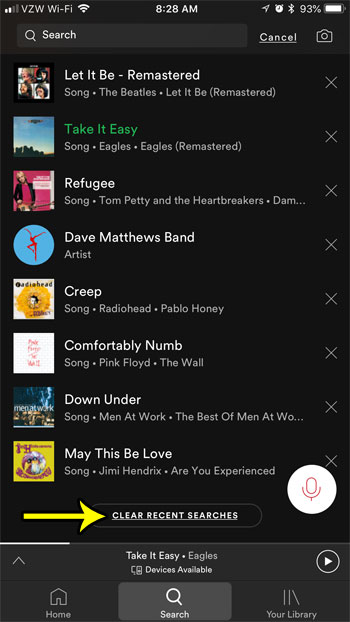 how to clear recent search in spotify on an iphone