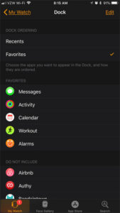 how to switch between recents and favorites for apple watch dock