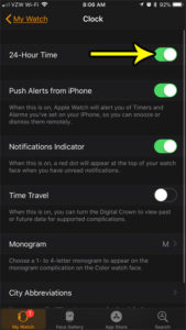 how to enable or disable 24 hour clock on apple watch