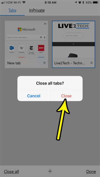 how to close all tabs at once in the iphone edge app