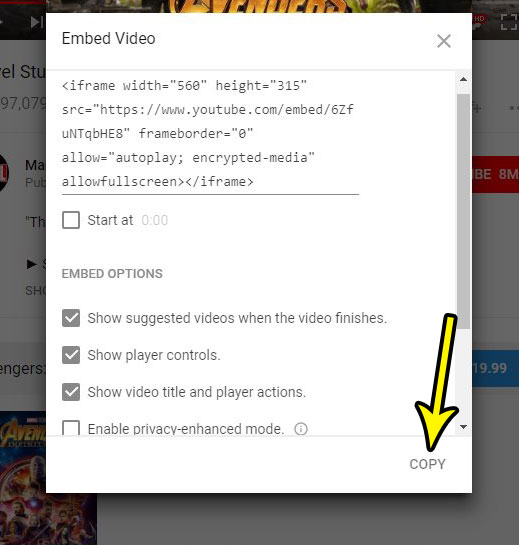 copy embed code for youtube video