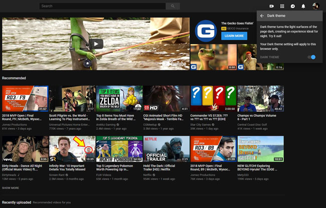 how to enable dark mode in a youtube desktop web browser