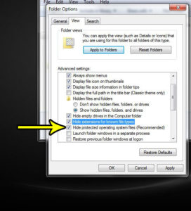 how to hide the file type in windows 7