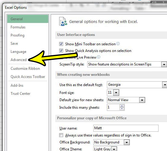 click the advanced tab in excel options