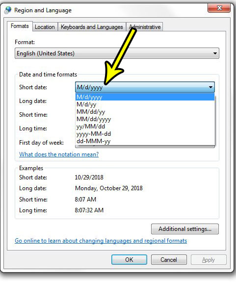 how to change the date format in windows 7