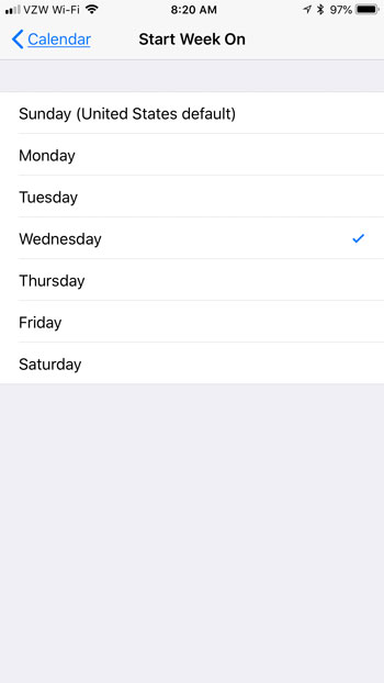 iphone calendar chage week start day