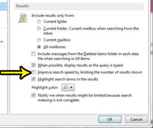 how to stop showing limited search results in outlook 2013