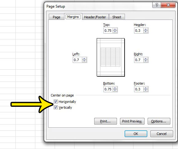 centering options for printing in excel