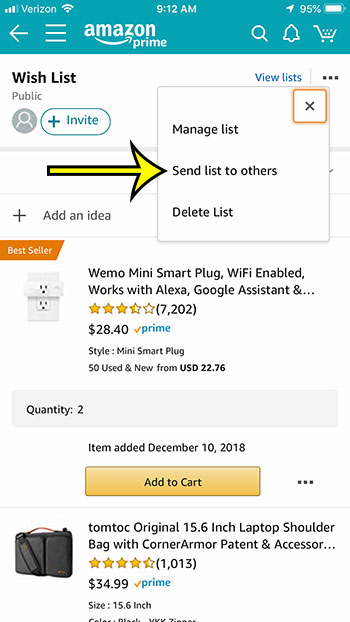 how to send wish list from amazon iphone app