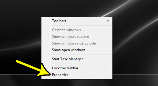 open the taskbar and start menu properties window