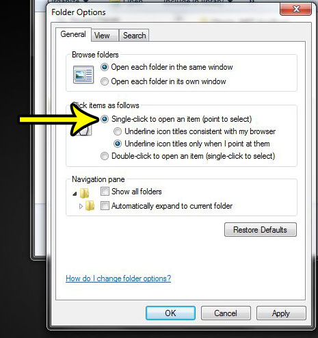 switch to single click from double click in windows 7