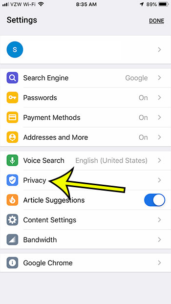 chrome iphone privacy menu