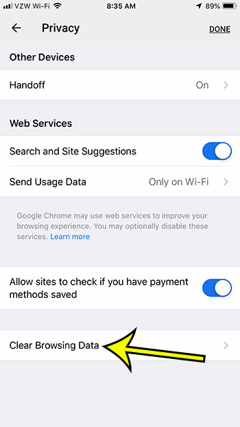 chrome iphone clear browsing data