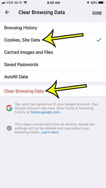 how to delete cookies in chrome on iphone
