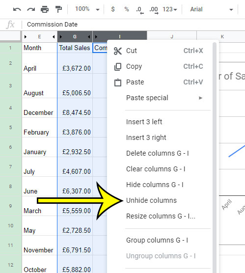 how to unhide a column in google sheets