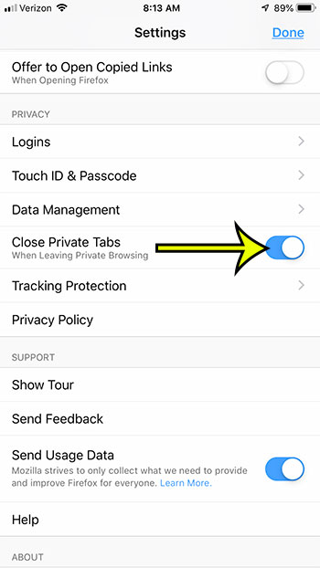 how to close private tabs when exiting private browsing firefox iphone