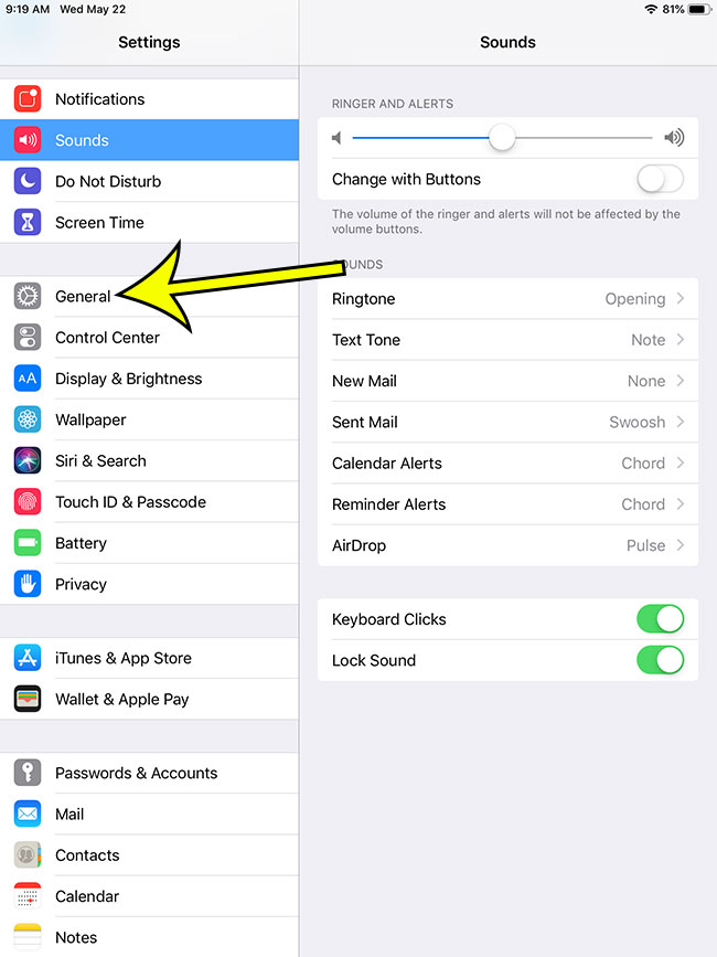 open the general menu in ipad settings