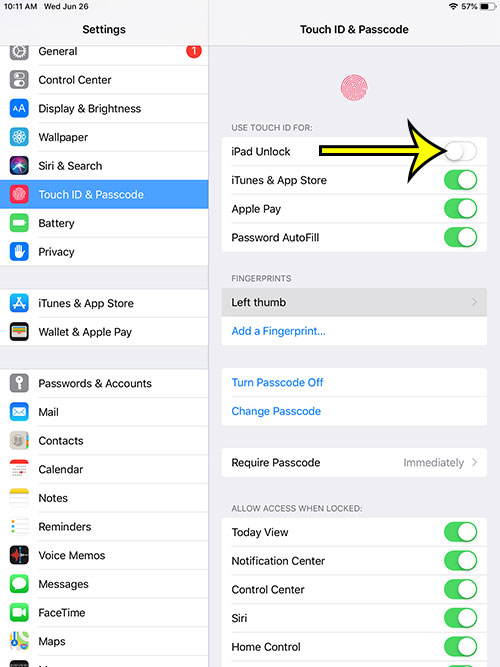 how to stop touch id from unlocking your ipad