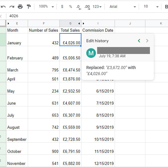 google sheets cell history example