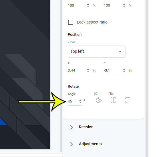 custom picture rotation amount in Google Slides