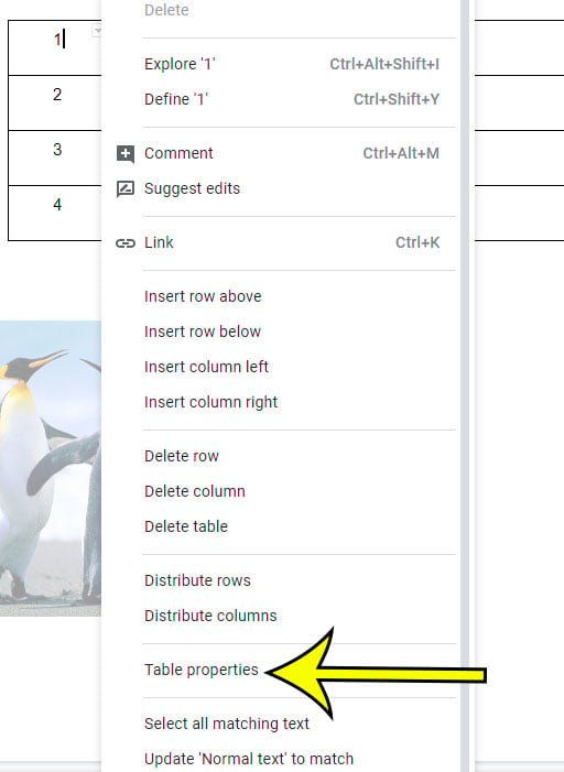 right-click the table, then choose Table properties