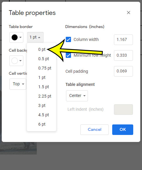 how to remove a table border in Google Docs