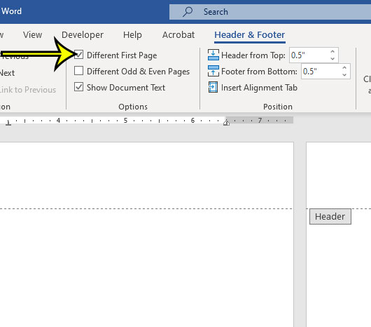 Microsoft Word page numbers Different First Page option