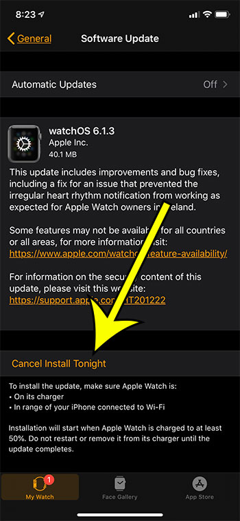 how to cancel a scheduled update on an Apple Watch