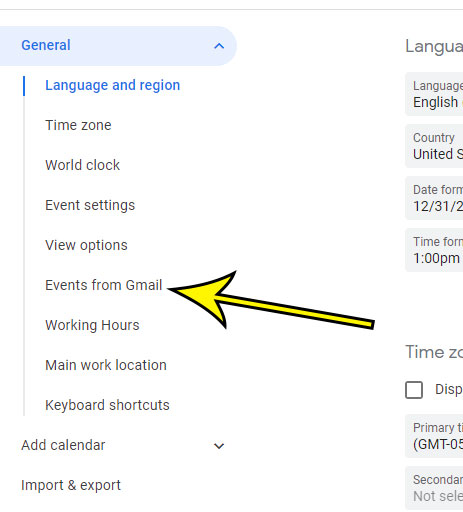 choose the Events from Gmail tab