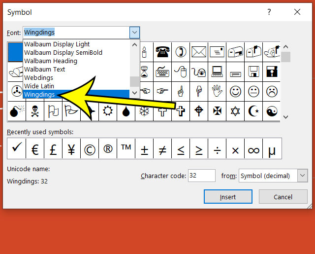 choose the Wingdings font