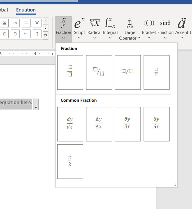 how to insert a fraction in a Microsoft Word document