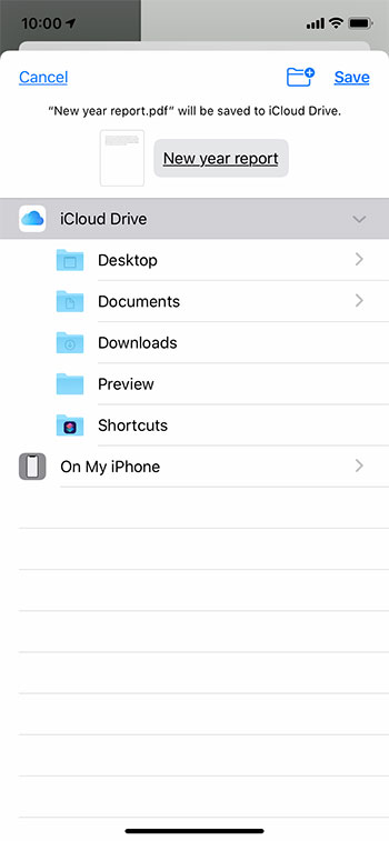 choose the location for the Google Docs PDF on your iPhone