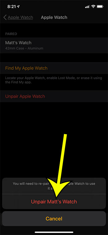 unpairing an Apple Watch from an iPhone